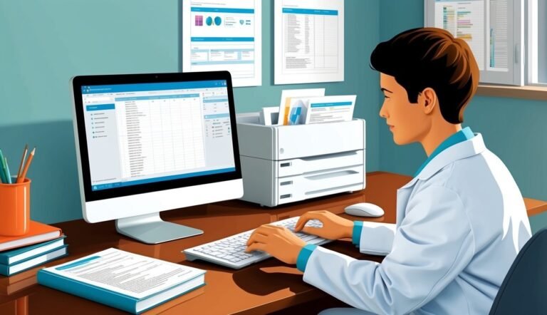Person in lab coat working on a computer with documents and printer