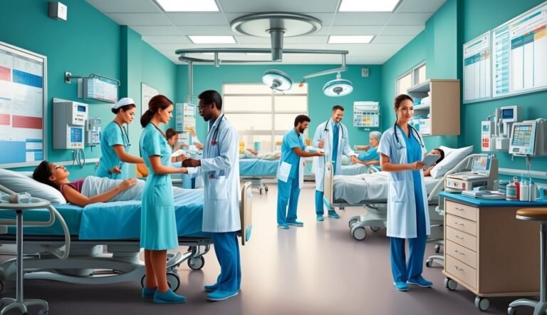 Hospital room with doctors and nurses attending to patients in beds