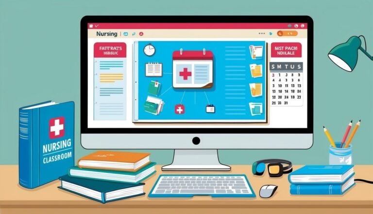 Computer screen with nursing theme, books, and desk accessories