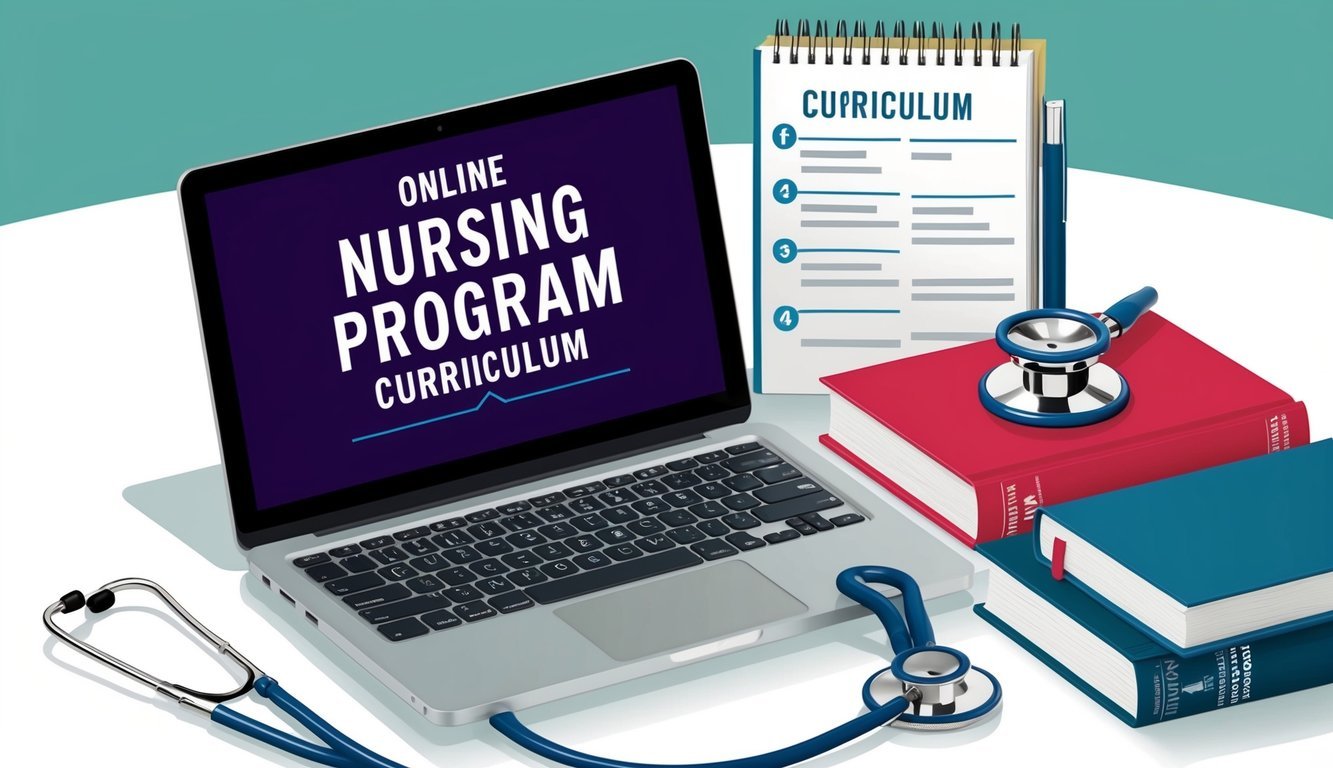 A laptop displaying an online nursing program curriculum with a stethoscope and medical textbooks nearby
