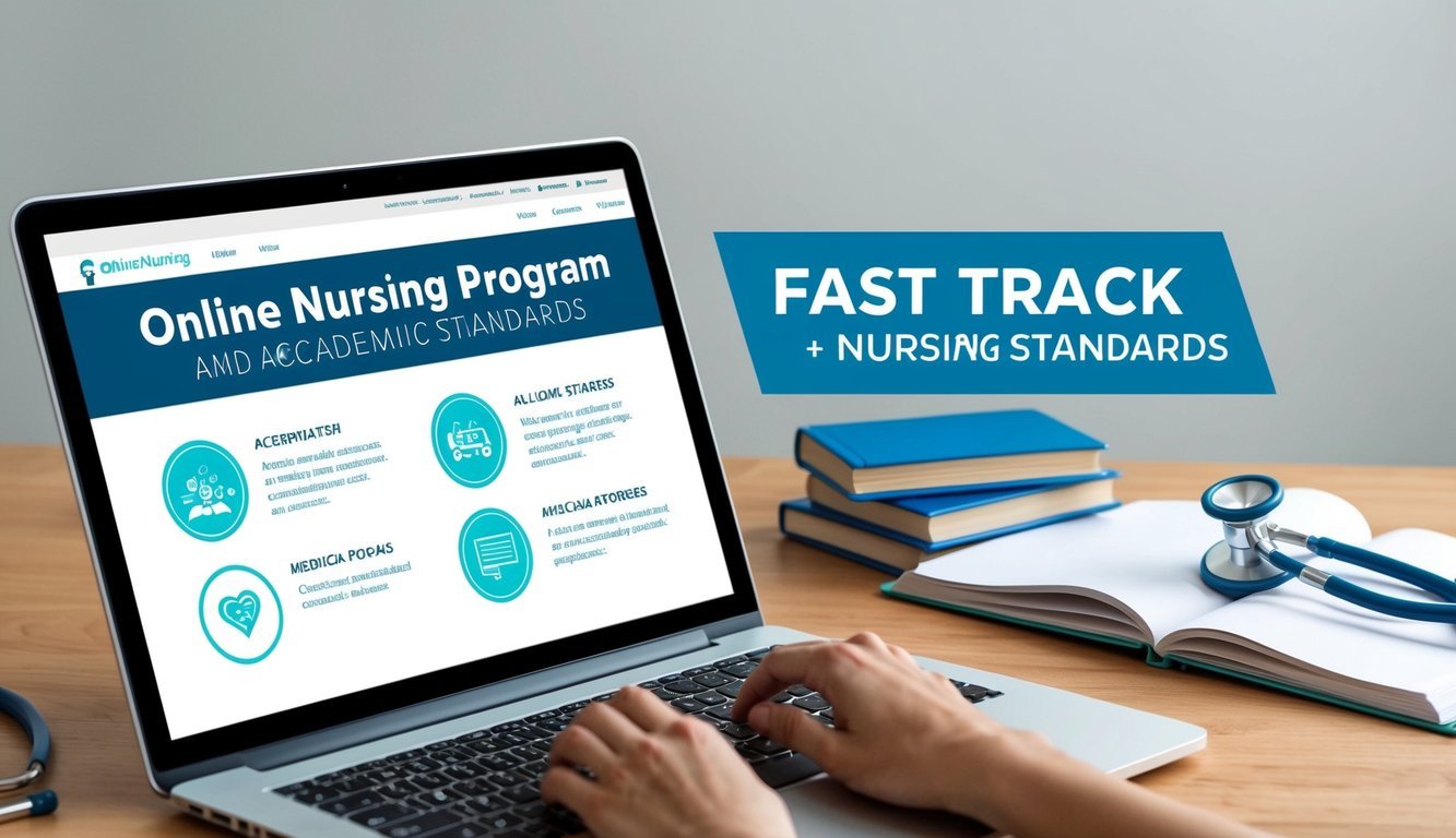 A laptop displaying an online nursing program's accreditation and academic standards.</p><p>A fast track option is highlighted, with a stethoscope and medical books nearby