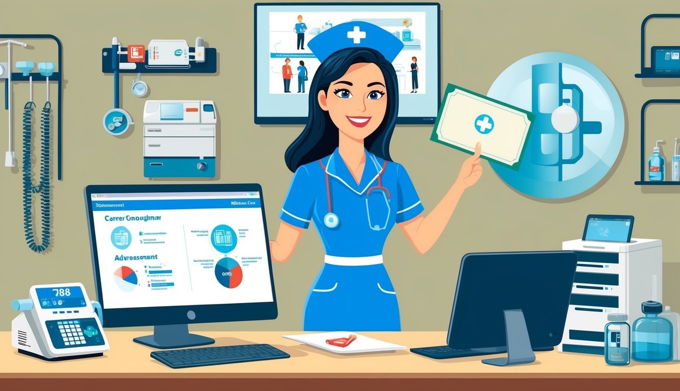 A nurse in uniform receiving a diploma while surrounded by medical equipment and a computer showing career advancement options
