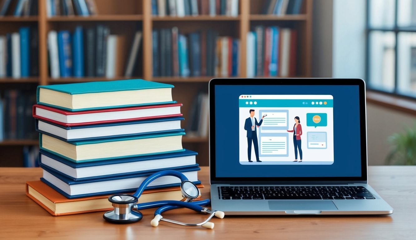 Laptop with online medical lecture, books, and stethoscope on desk