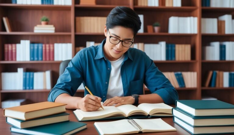 Young man with glasses writing in a notebook, surrounded by books