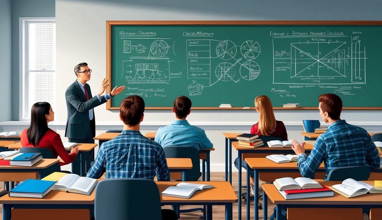 A classroom setting with a chalkboard filled with diagrams, textbooks, and study materials scattered on desks.</p><p>A professor is lecturing to a group of attentive students