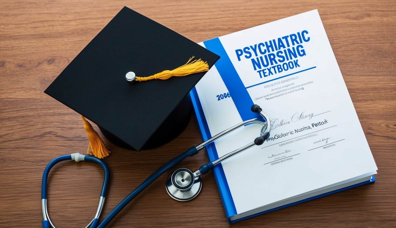 A graduation cap and diploma next to a stethoscope and psychiatric nursing textbook