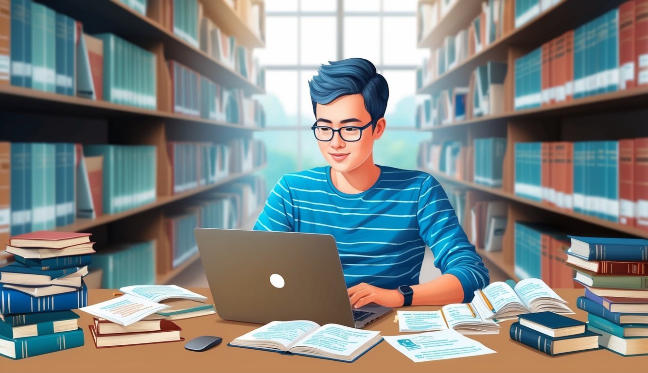 A person studying in a tranquil library, surrounded by books and research materials, with a laptop and notes spread out on the table