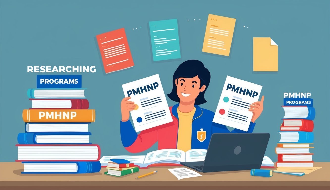 A person researching and comparing different PMHNP programs, surrounded by books, a laptop, and notes