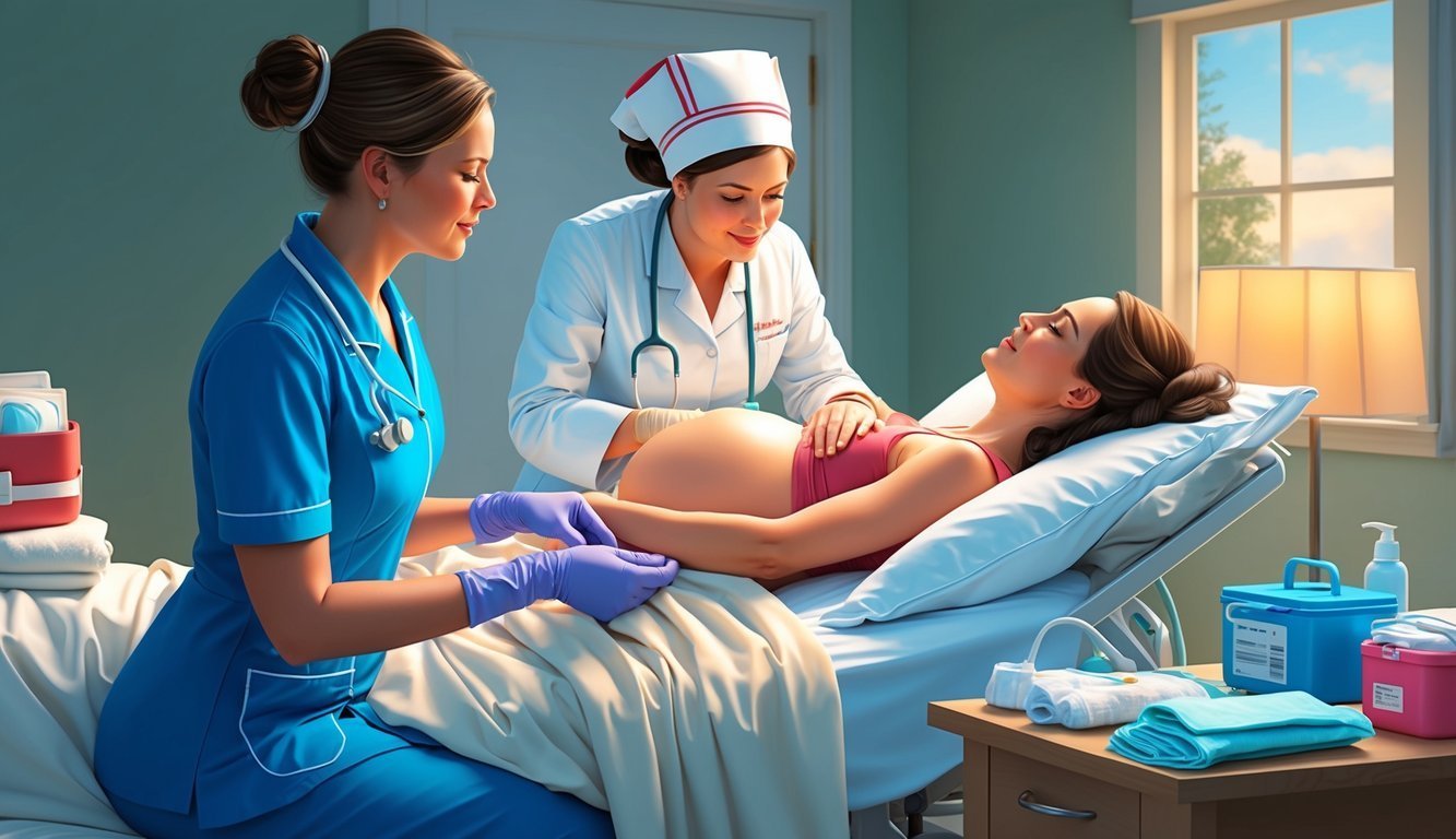 Pregnant woman in bed with two nurses in a hospital room