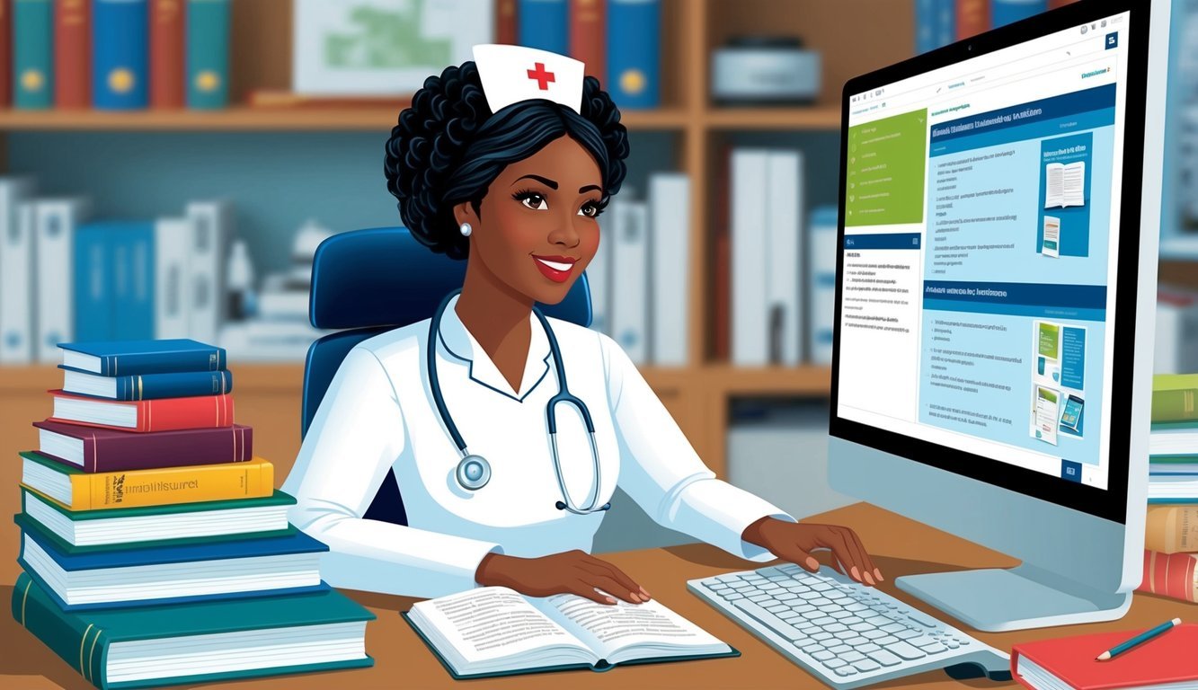 A nurse midwife attending a professional development seminar, surrounded by textbooks, medical equipment, and a computer displaying educational material