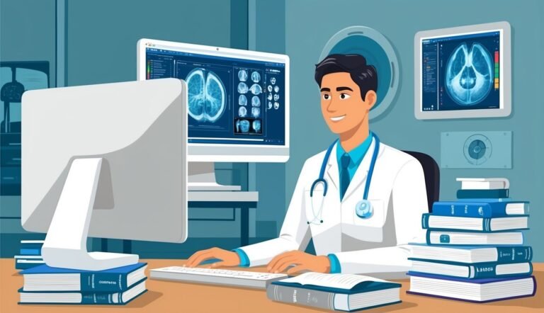 Doctor analyzing brain scans on a computer, surrounded by books