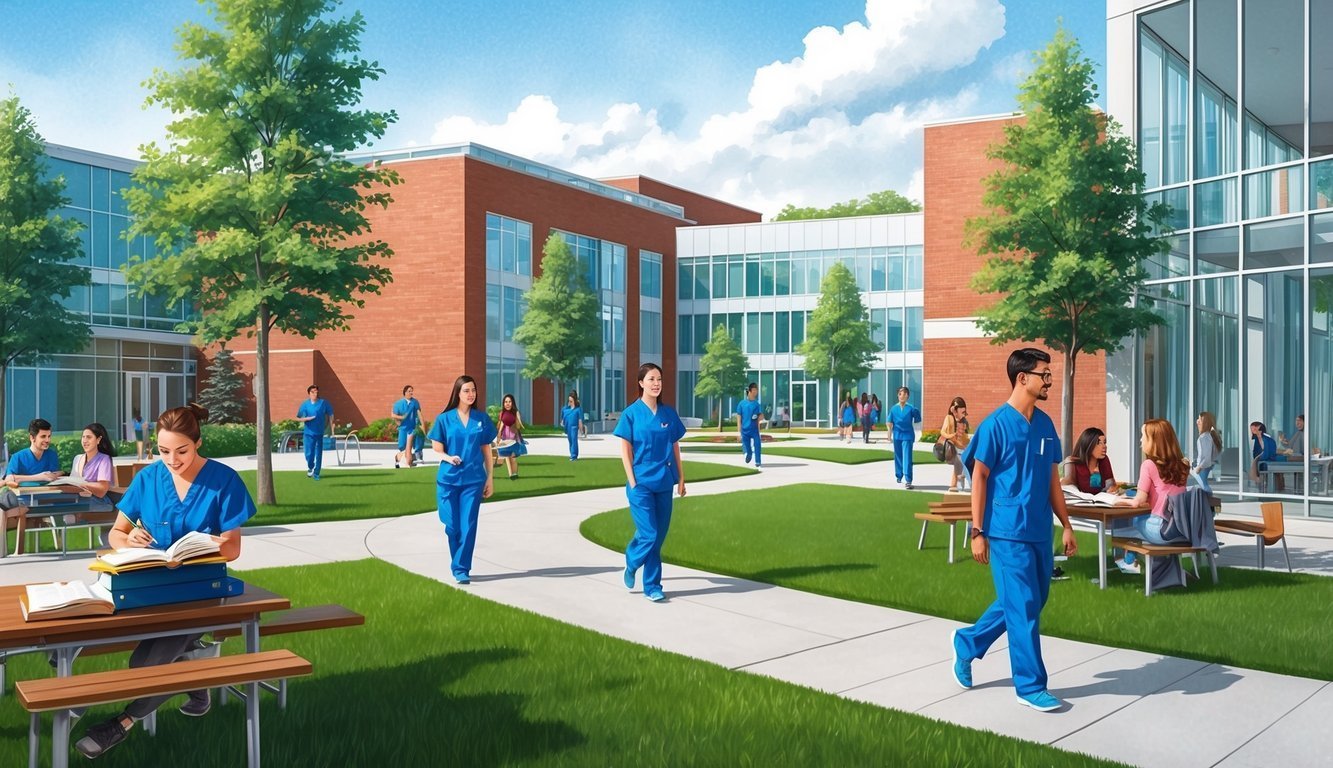 Students in blue scrubs walk and study outside a modern brick building