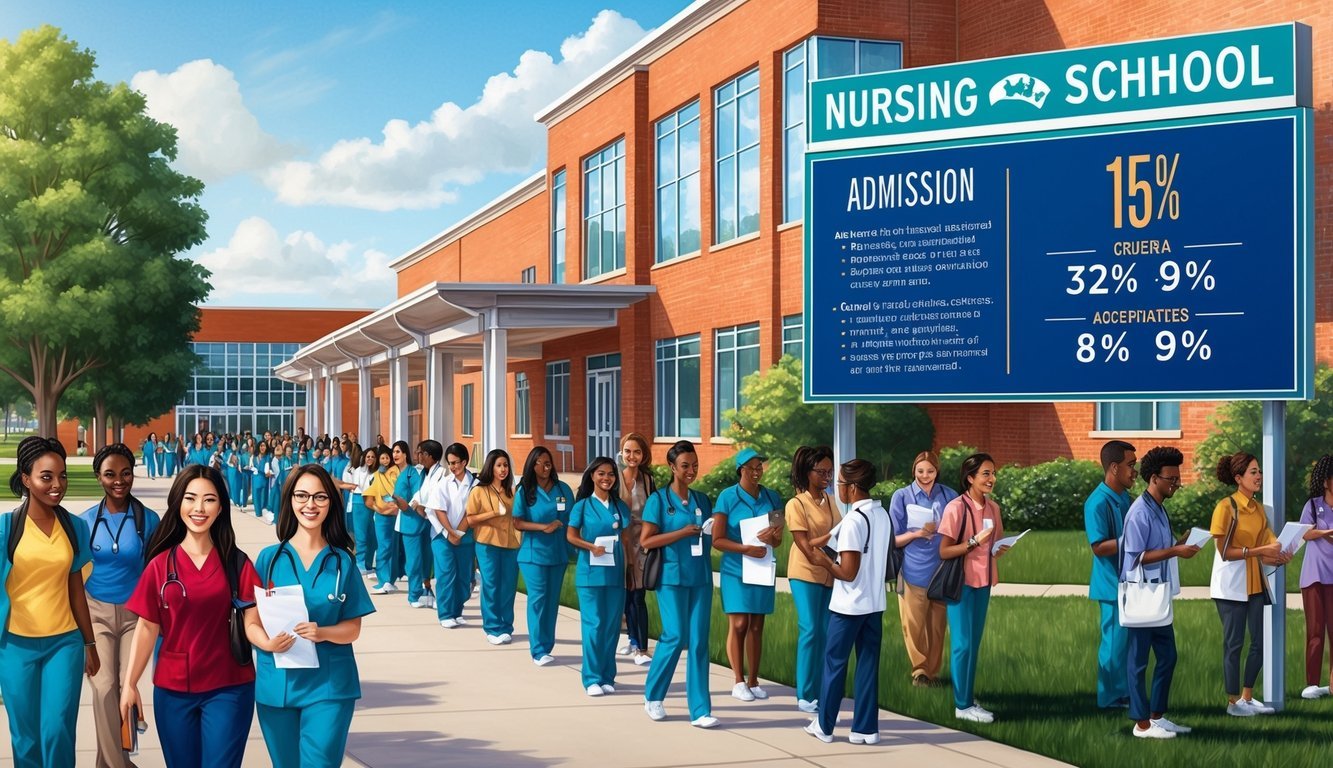 A bustling nursing school campus with a long line of eager applicants and a large sign displaying admission criteria and acceptance rates