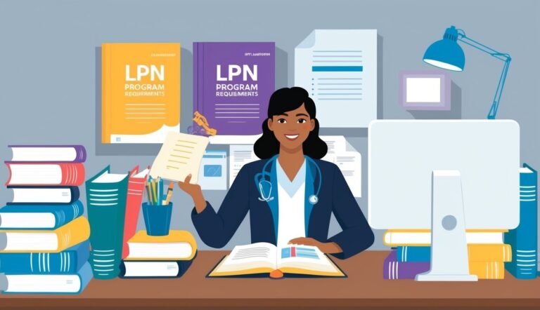 Smiling nurse at desk with books, LPN program requirements, and computer