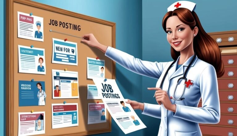 Nurse pointing at a job posting board with various job listings