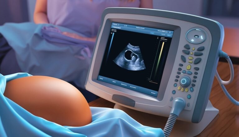 Ultrasound machine displaying a fetus, with a pregnant belly in the foreground