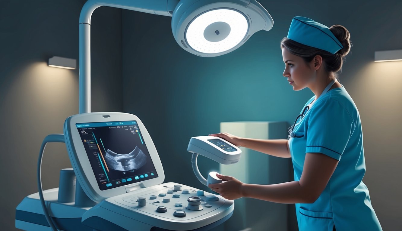 A nurse in scrubs operates an ultrasound machine in a dimly lit examination room