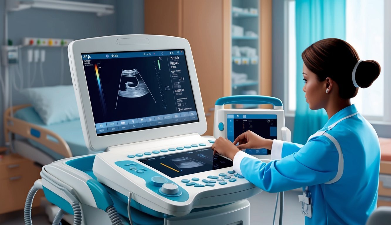 An ultrasound machine in a hospital room, with a nurse adjusting the settings and preparing for a procedure