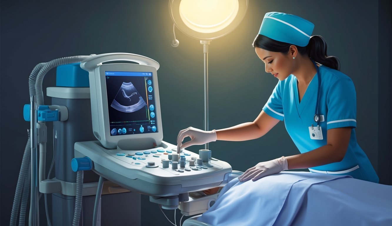 An ultrasound machine in a dimly lit room, with a nurse adjusting settings and preparing equipment for a patient