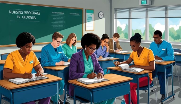 Nursing students in a classroom taking notes, studying, and learning