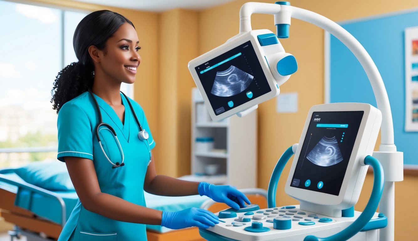 A smiling ultrasound nurse in scrubs stands in a hospital room, operating the ultrasound machine while conversing with a patient