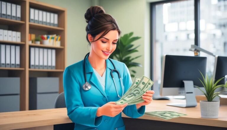 Smiling doctor in blue scrubs counting a stack of hundred dollar bills
