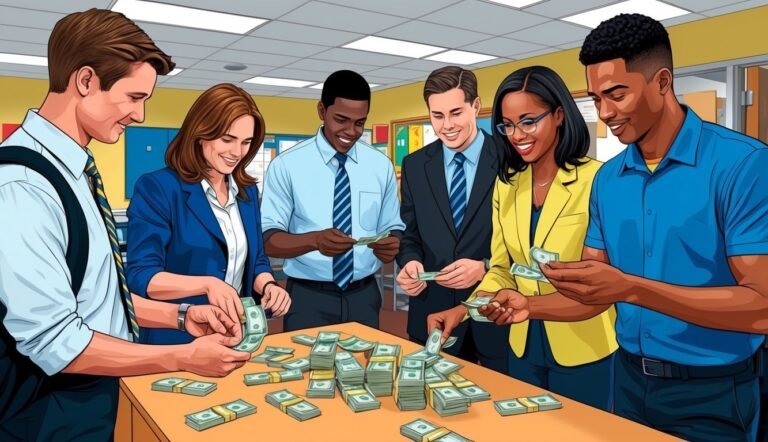 Group of people counting stacks of money on a table