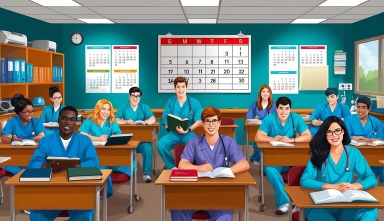 Medical students in a classroom, smiling at the viewer, with calendars on the wall