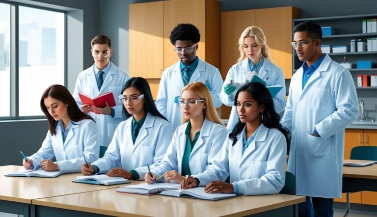 Group of scientists in lab coats studying at a table