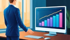 Businessman looking at a computer screen with a growing financial graph