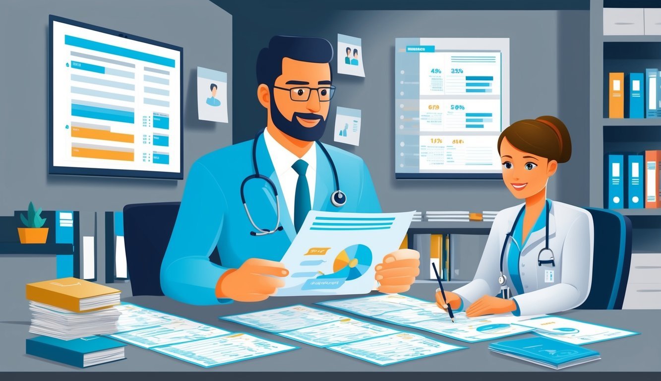 A medical and health services manager reviewing financial reports and staffing schedules in a modern office setting