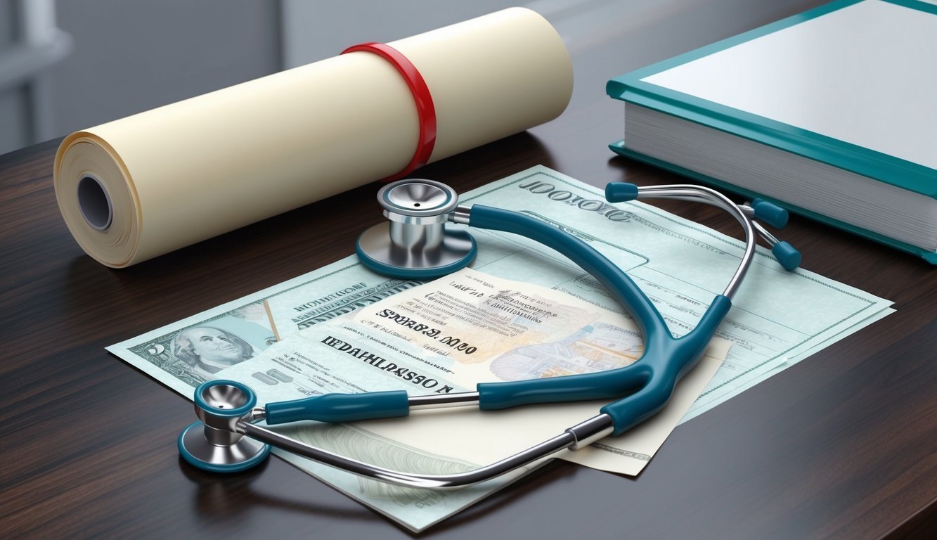 A diploma and a stethoscope on a desk, with a salary paycheck and a healthcare administration textbook nearby