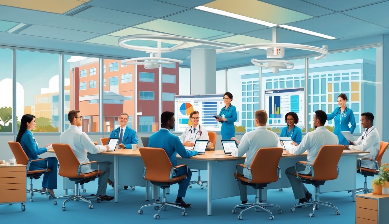 A bustling hospital with administrators in meetings, overseeing operations, and analyzing data for efficient healthcare delivery