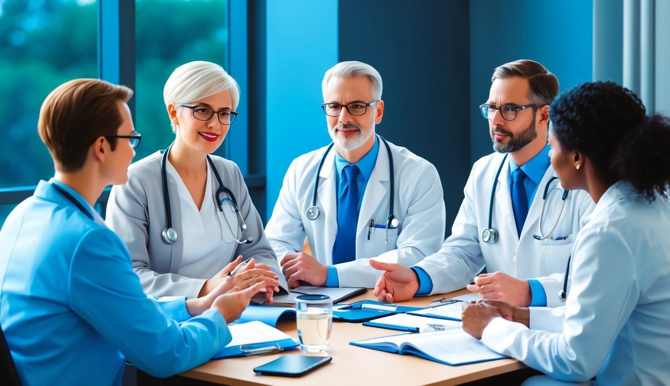 A group of healthcare administrators in a meeting, discussing leadership roles and specializations