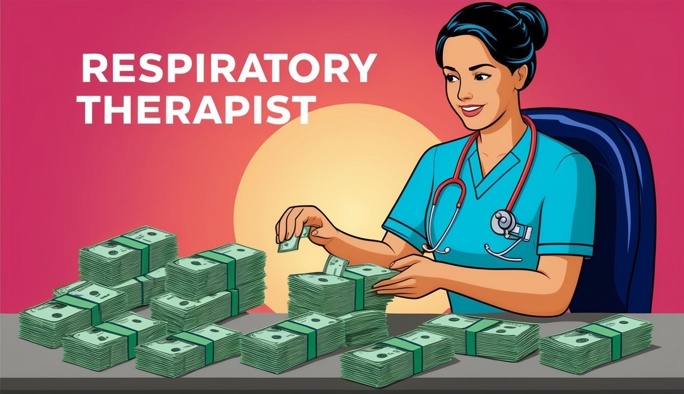 Respiratory therapist counting money, stacks of cash on a table