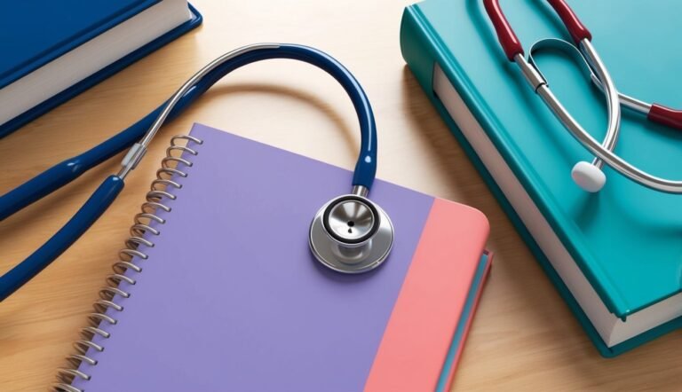 Stethoscope on a notebook with books, medical study concept