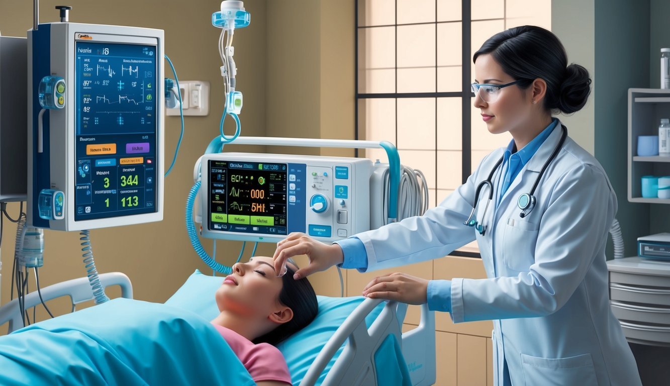 A respiratory therapist in a hospital setting, adjusting ventilator settings while monitoring patient vital signs