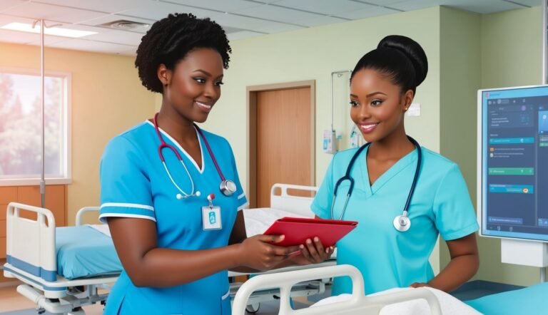 Two smiling nurses in scrubs looking at a tablet in a hospital room