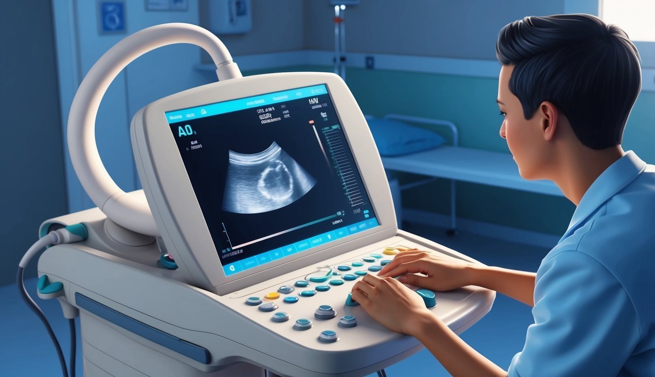 Person using an ultrasound machine, displaying an image of a fetus
