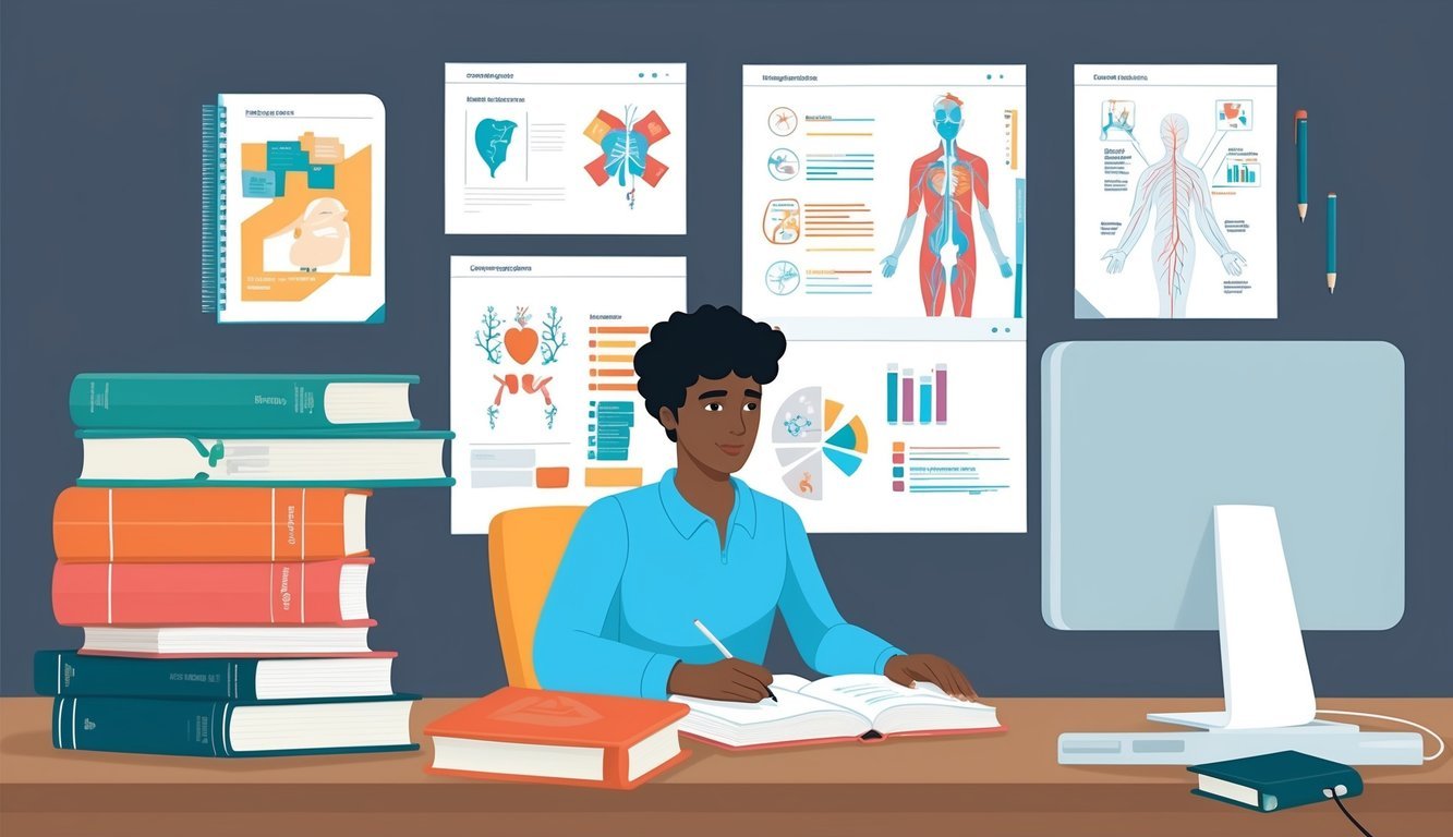 A person studying at a desk with textbooks, a computer, and medical diagrams