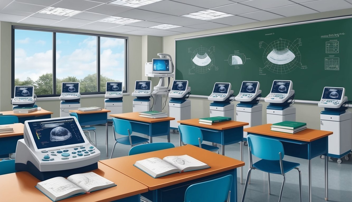 A classroom with ultrasound machines, textbooks, and diagrams