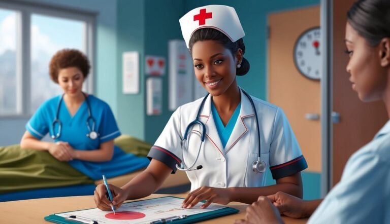 Nurse in uniform writing on a chart with a patient in a hospital room
