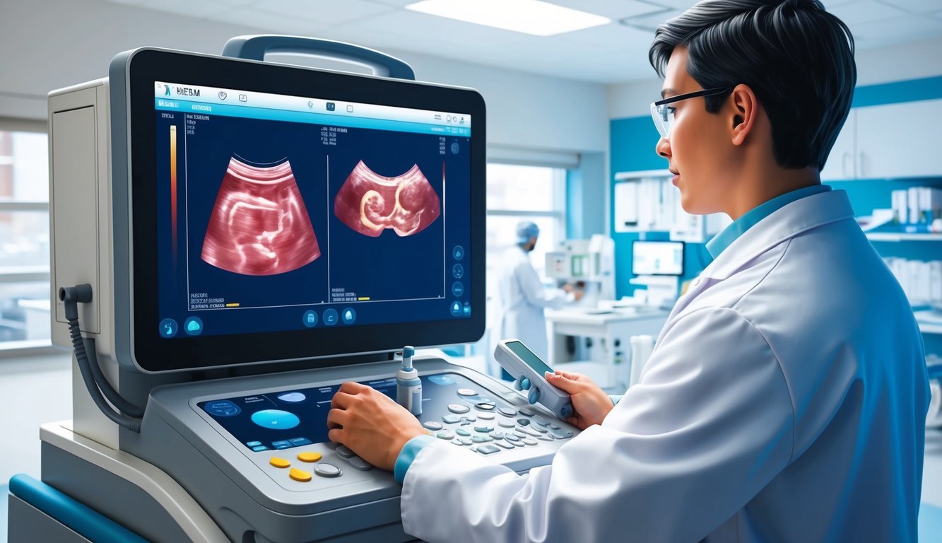 A person in a lab coat operating an ultrasound machine in a hospital setting, with images of internal organs displayed on the screen
