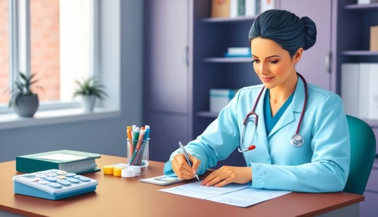 Female doctor writing on paperwork at a desk in an office setting
