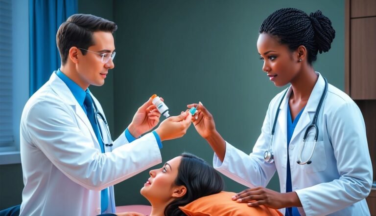 Two doctors prepare medication for a patient lying down