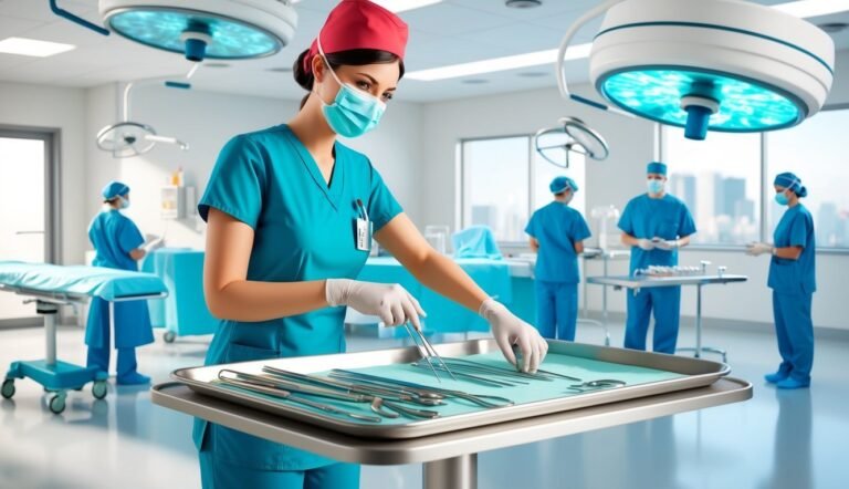 Surgical nurse preparing instruments in an operating room with other medical staff