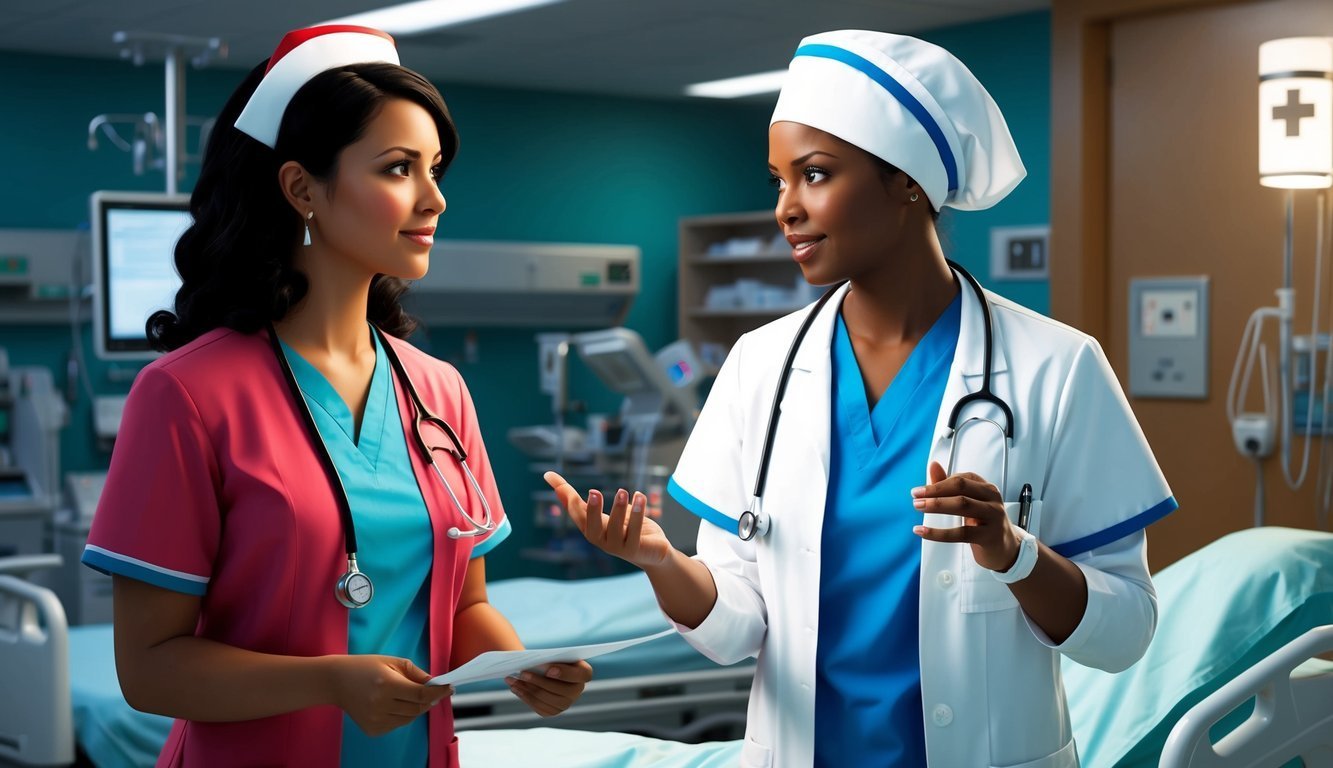 Two nurses in a hospital room, one holding papers, talking to the other