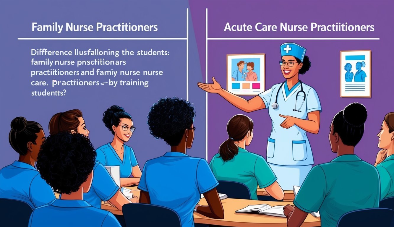 A nurse practitioner conducting a training session with a group of students, demonstrating the differences between family nurse practitioners and acute care nurse practitioners