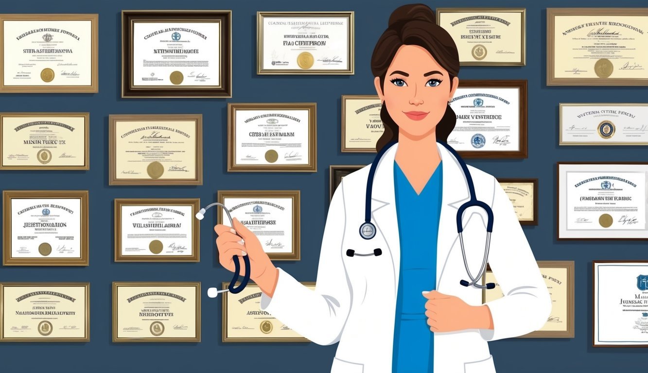 A nurse practitioner holding a stethoscope and wearing a white coat, standing in front of a wall filled with framed licenses and certifications