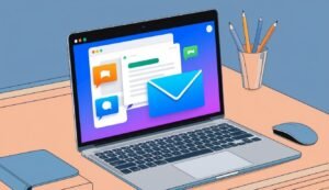 Laptop with email and chat icons on screen, pencils, and mouse